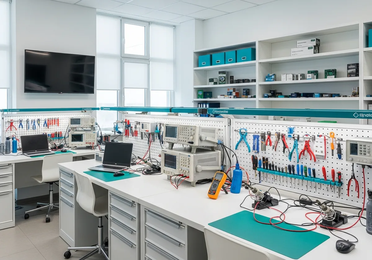 Bright, modern electronics repair workshop with organized tools, diagnostic equipment, and tidy workbenches