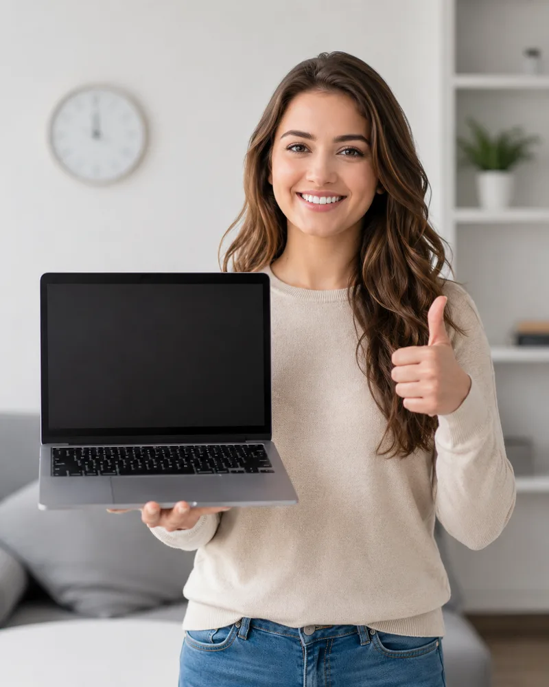 Smiling customer holding a repaired laptop and giving a thumbs up