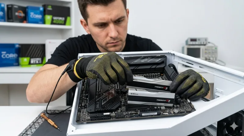 Technician installing RAM modules onto a computer motherboard at a clean workbench