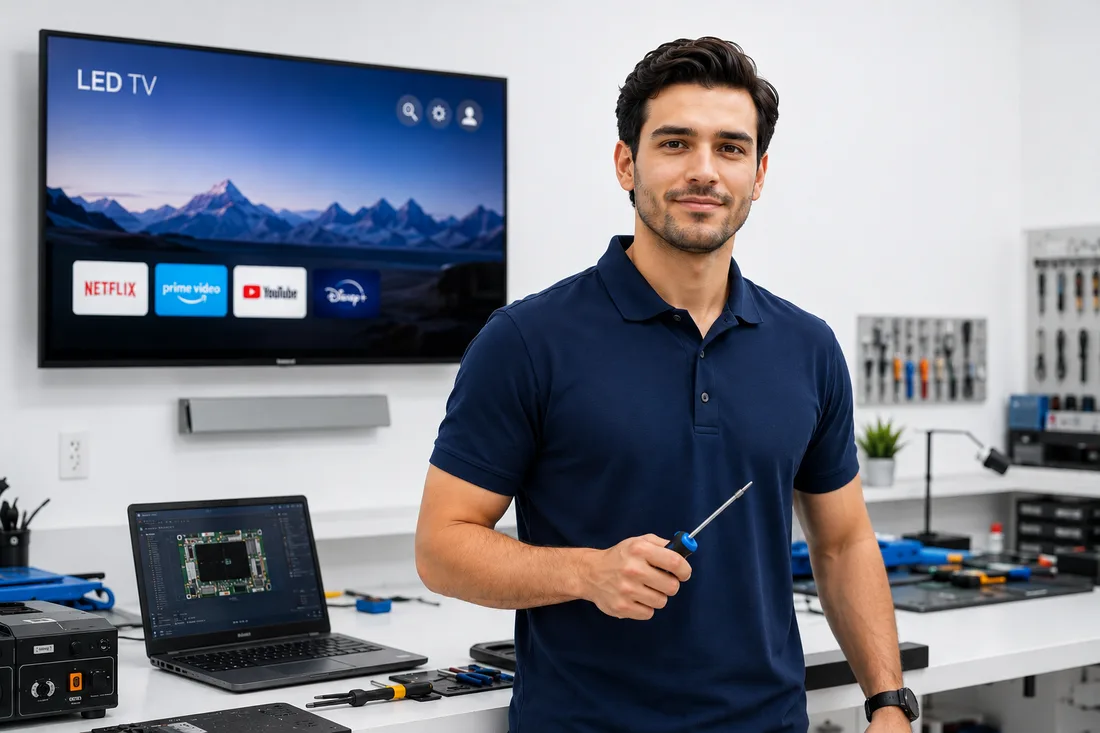 Repair technician standing in a clean workshop beside a wall-mounted LED TV