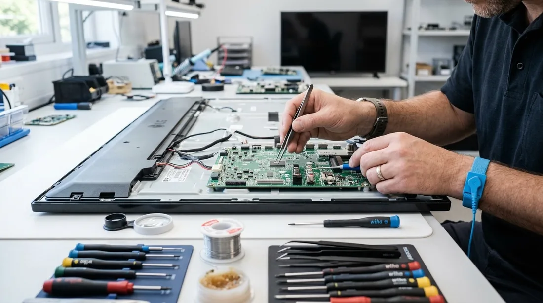 Technician's hands repairing a TV circuit board with precision tools at a workbench