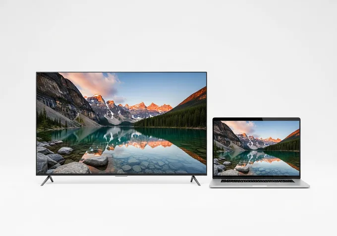 Flat-screen TV and laptop displaying a mountain landscape