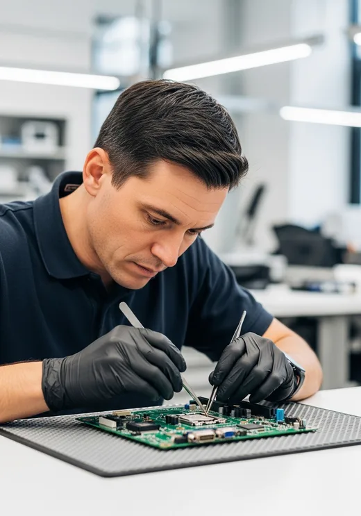 Certified technician repairing a circuit board