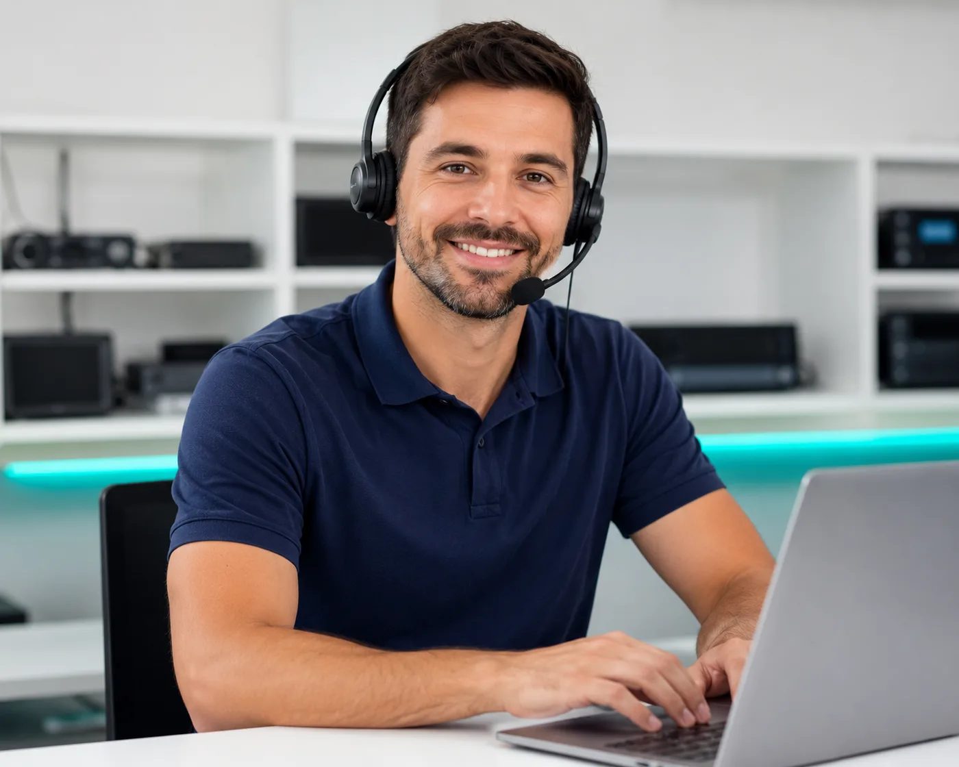 Friendly TV & PC Repair Pro support specialist wearing a headset, smiling while helping a customer at a laptop