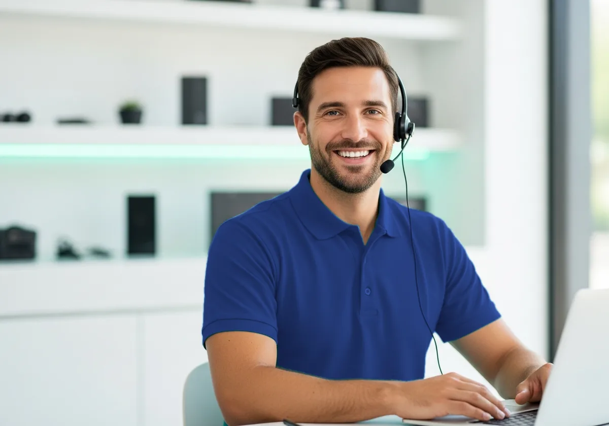 Friendly TV & PC Repair Pro support technician wearing a headset, smiling and ready to help