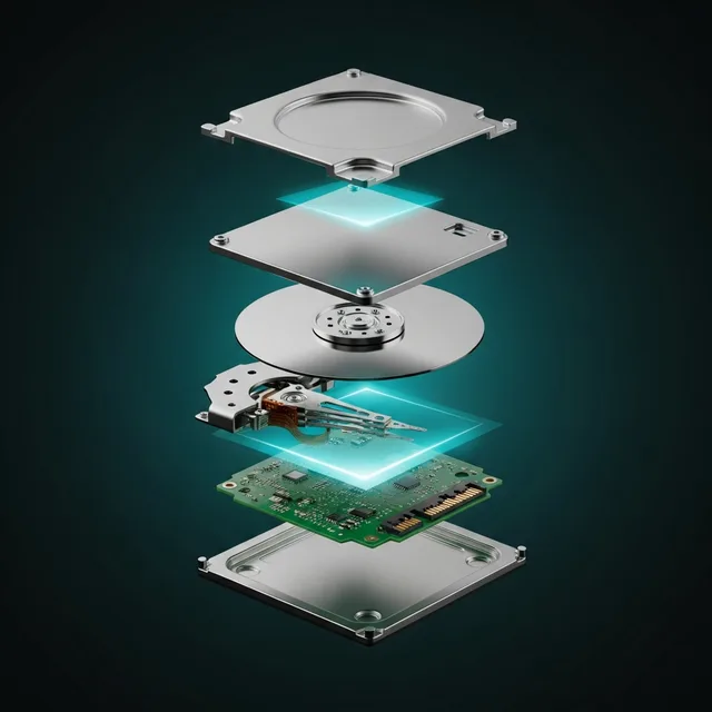 Exploded view of a hard disk drive showing its internal platters and circuit board