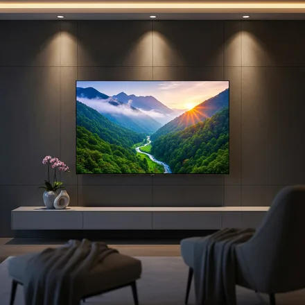 Modern wall-mounted flat screen television showing a vivid restored picture