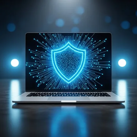 Laptop screen showing a glowing blue security shield after malware removal