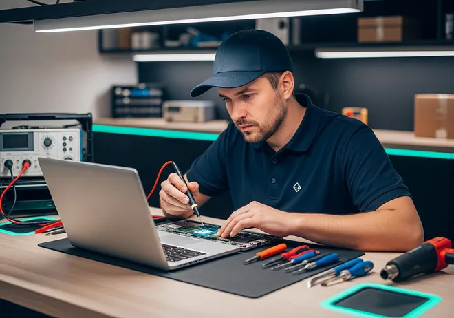Technician diagnosing a laptop