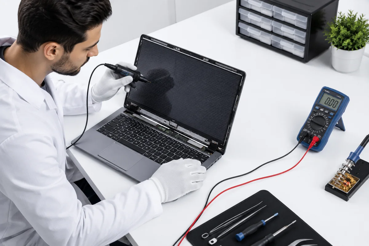 Technician in lab coat and gloves diagnosing a laptop with a multimeter