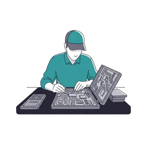 Technician repairing an electronic circuit board at a workbench